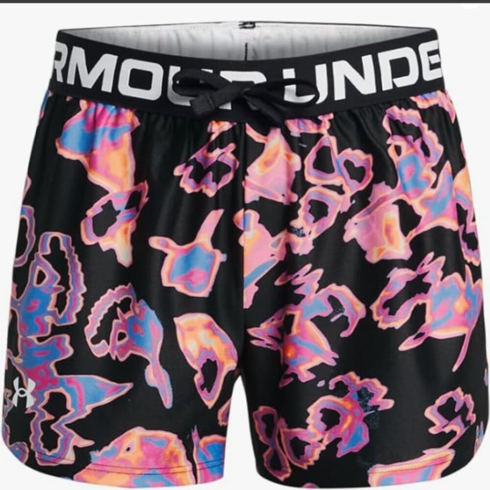 Under Armour Girls' Play Up Printed Shorts, (023) Black/Viral Blue/White, Medium